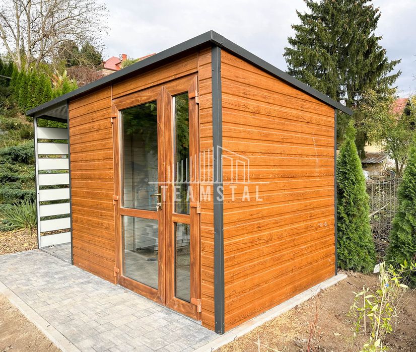 SCHOWEK - DOMEK OGRODOWY 2,5m x 2m + wiata 1,3m jasny orzech TS511