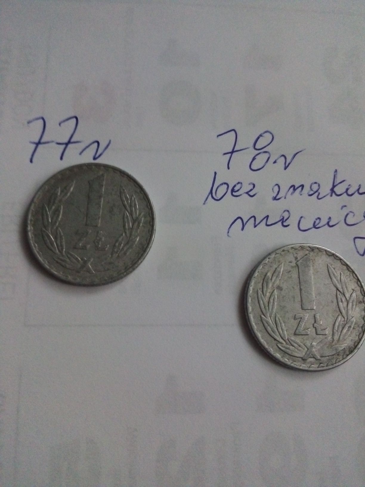 Monety  1 zł rok 1977 i 1978 bez znaku mennicy