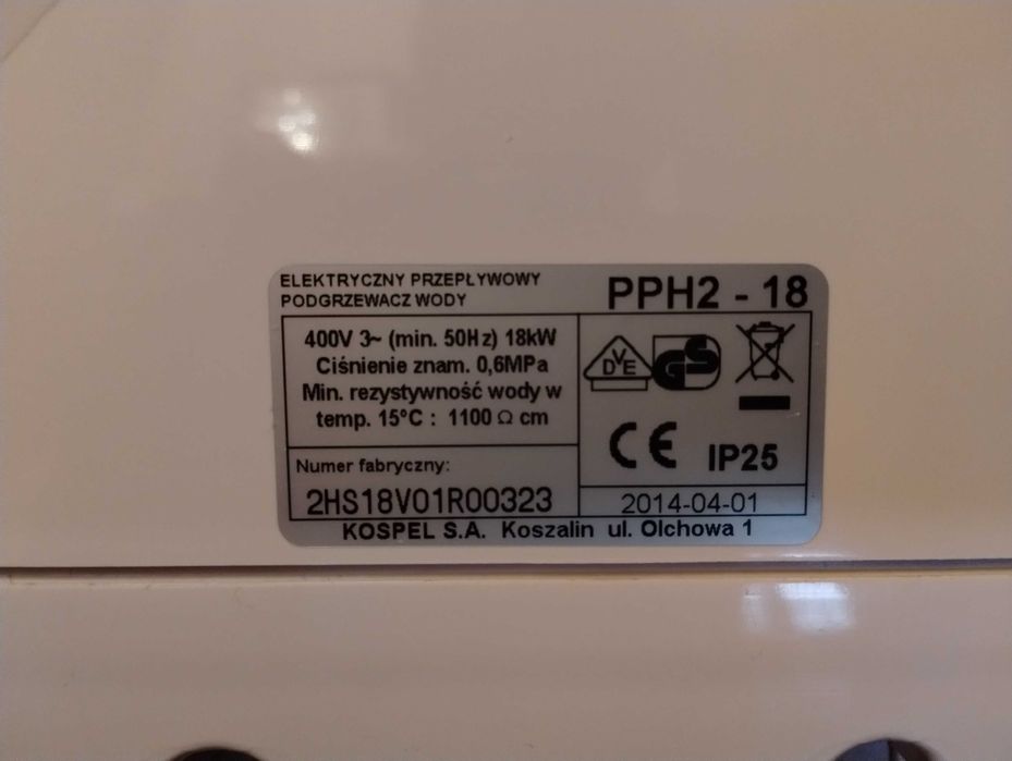 Elektryczny Przepływowy Podgrzewacz Wody - Kospel PPH2, 400V3/18kW