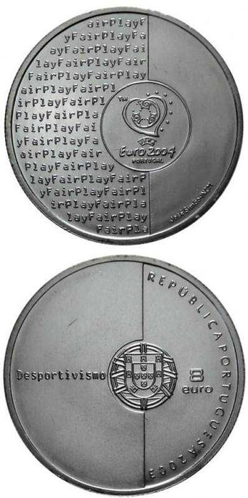 Moeda comemorativa 8€ PRATA Futebol é Desportivismo Euro 2004 NOVA