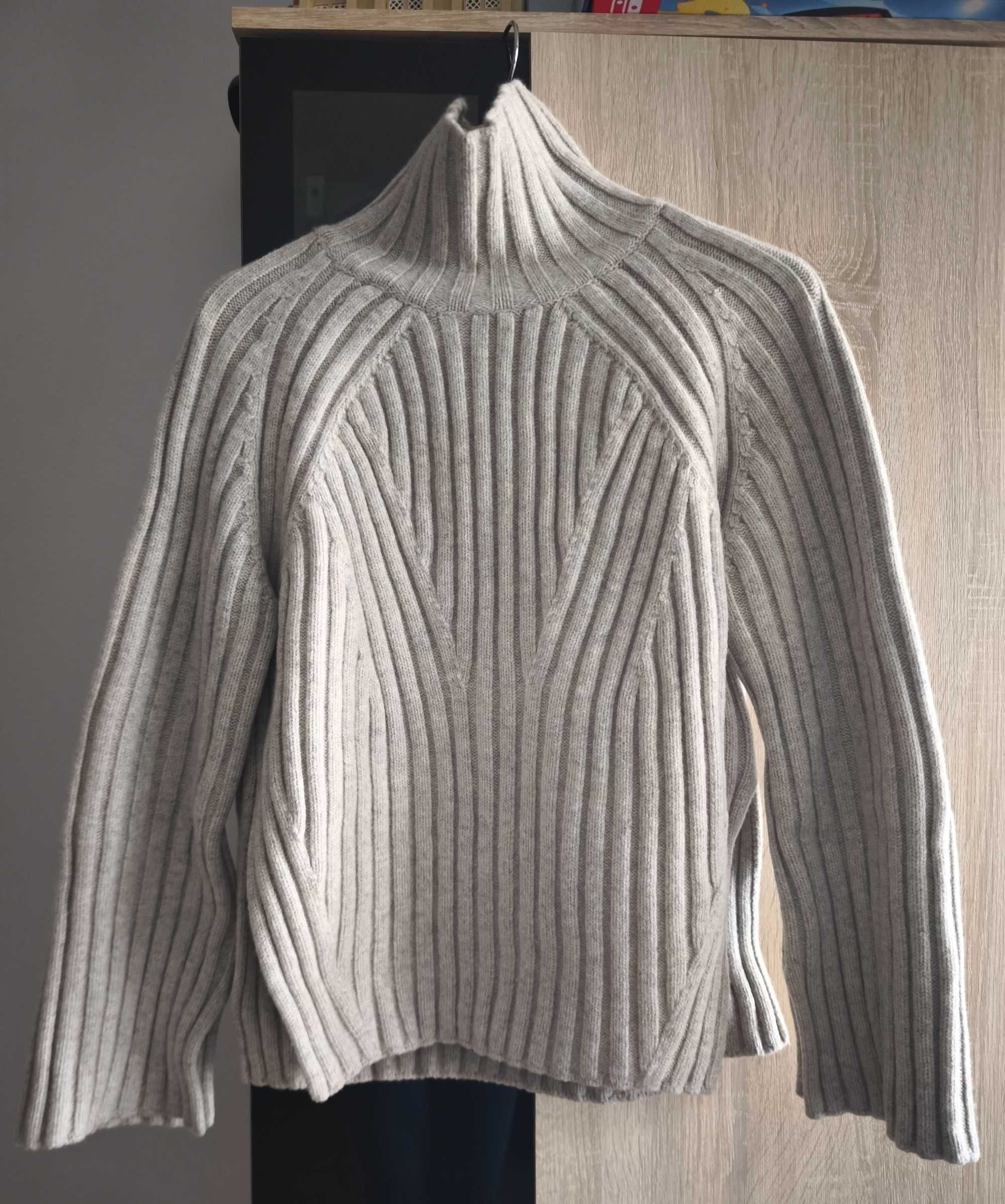 Gruby wełniany beżowy piaskowy sweter golf H&M Premium S 100% wełna
