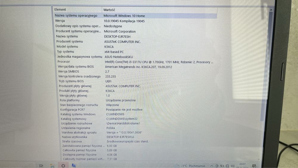 Laptop Asus Windows 10 Intel Core i5 6GB RAM szczotkowana stal