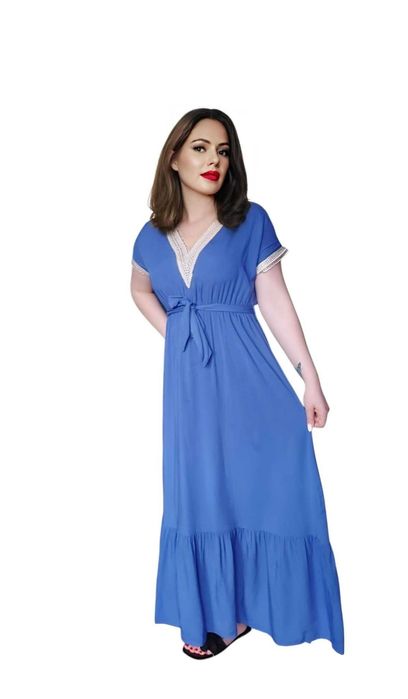 NOWA niebieska maxi długa letnia sukienka damska 100% BAWEŁNA L 40