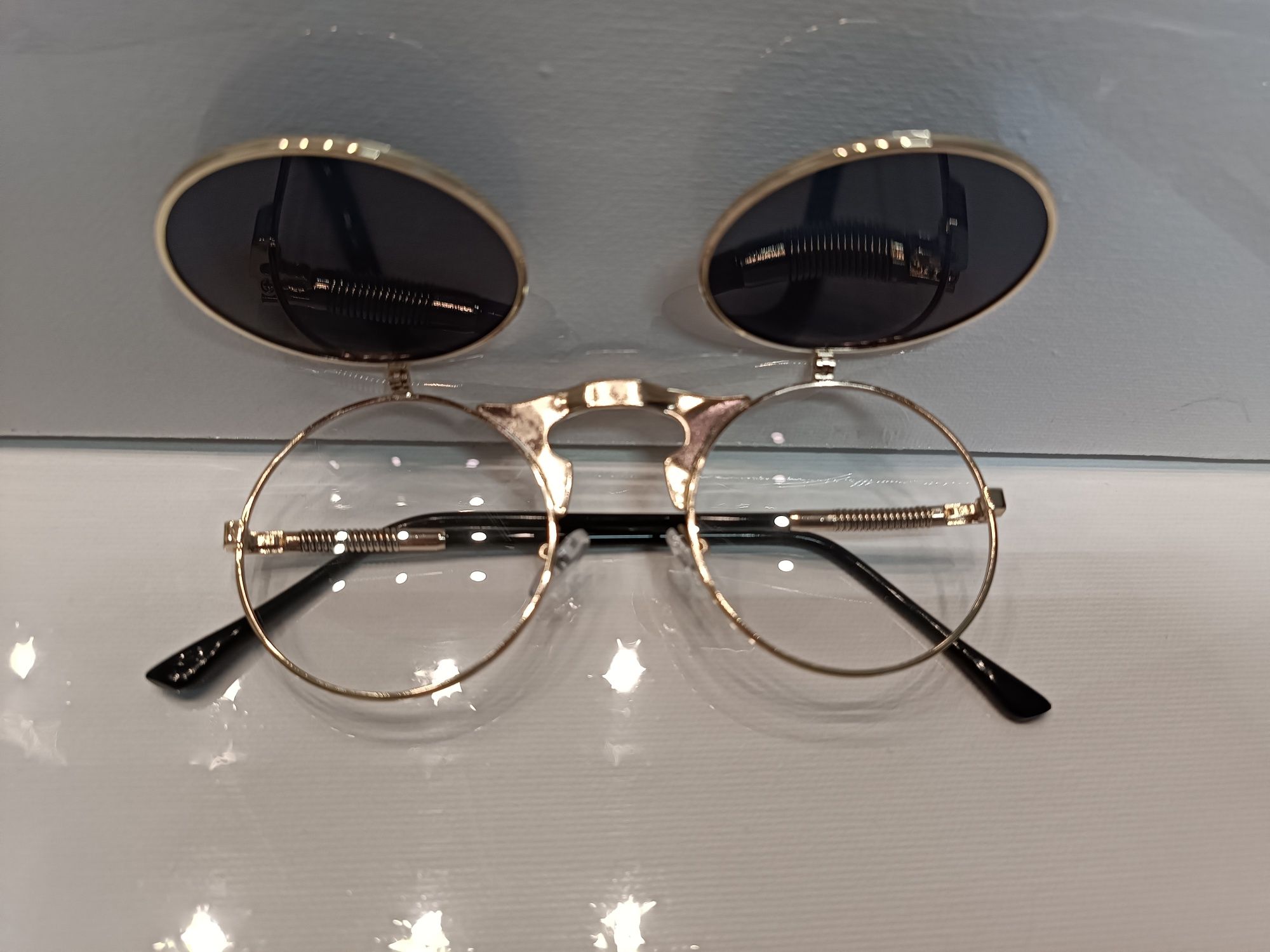 Okulary przeciwsłoneczne okrągłe lenolki steampunk złote podwójne
