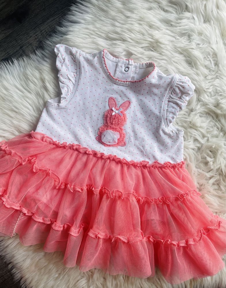Sukienka body łososiowa tiul kropki elegancka rozkloszowana 68 74 lato