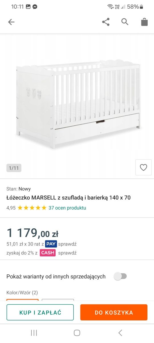 Łóżeczko MARSELL z szufladą i barierką 140 x 70