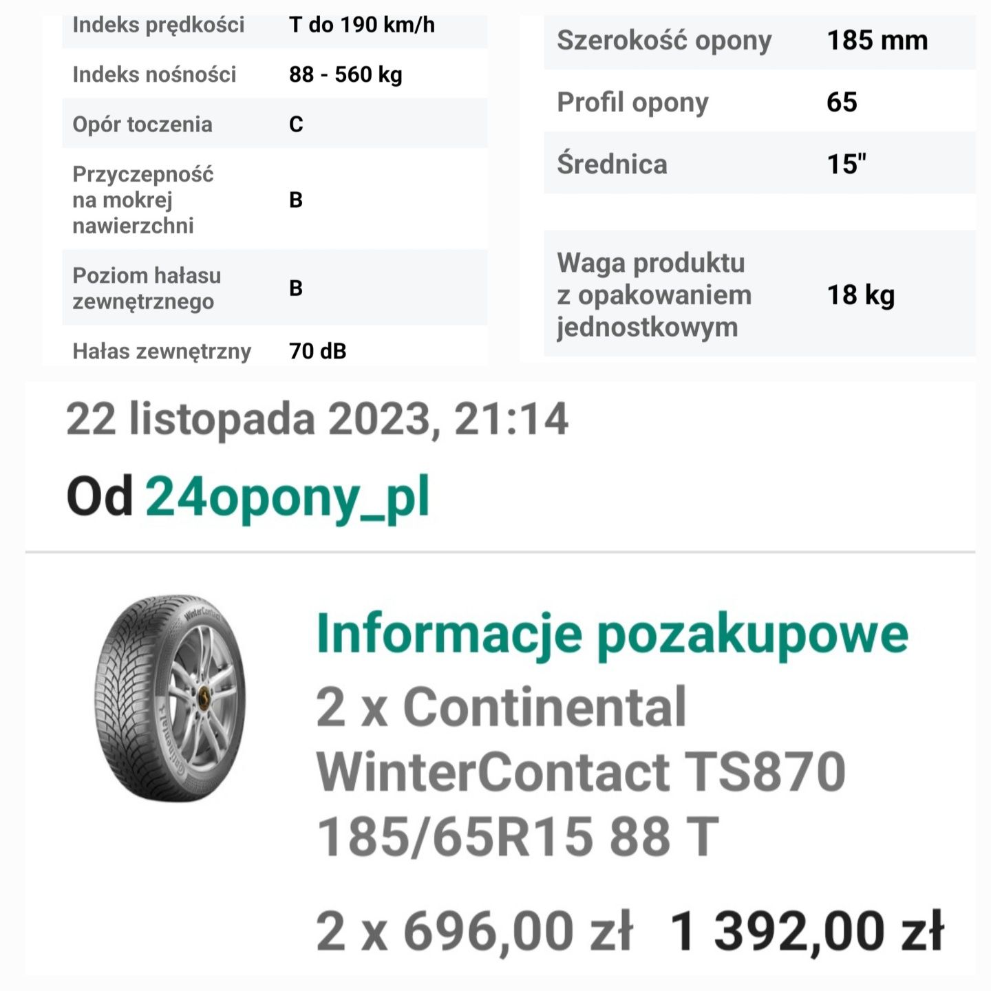 Opony Continental WinterContact TS870 185/65R15 88T