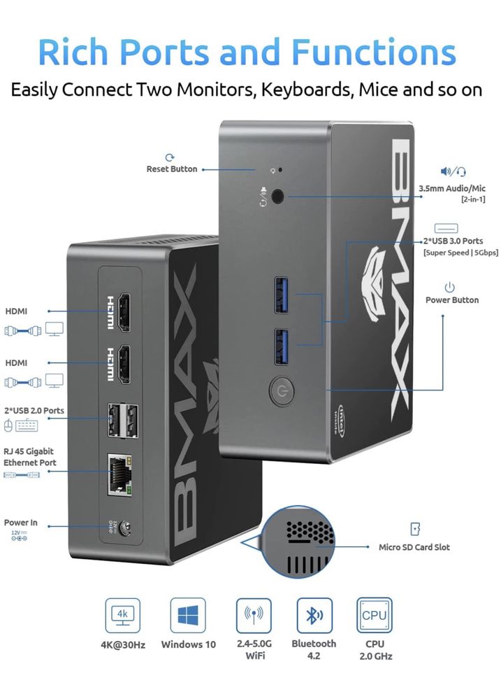 Mini PC Intel Windows 10 Pro 8GB RAM + 128GB 4K (NOVO)