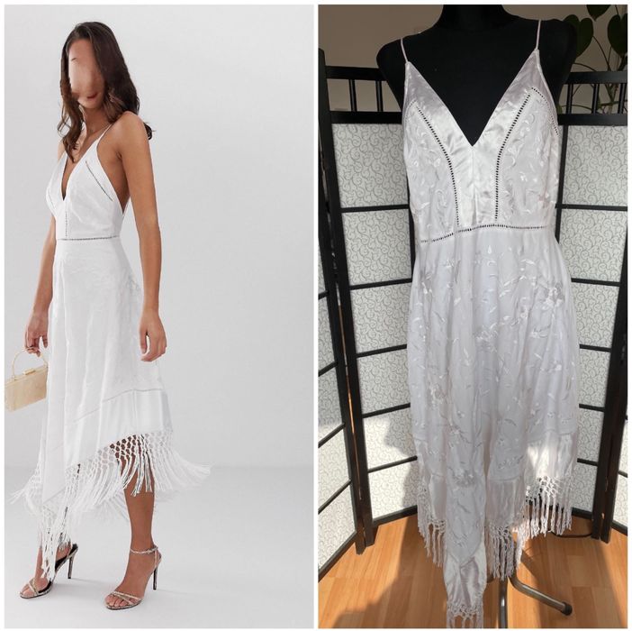 asymetryczna sukienka midi haft haftowana frędzle 42 xl 44 xxl asos