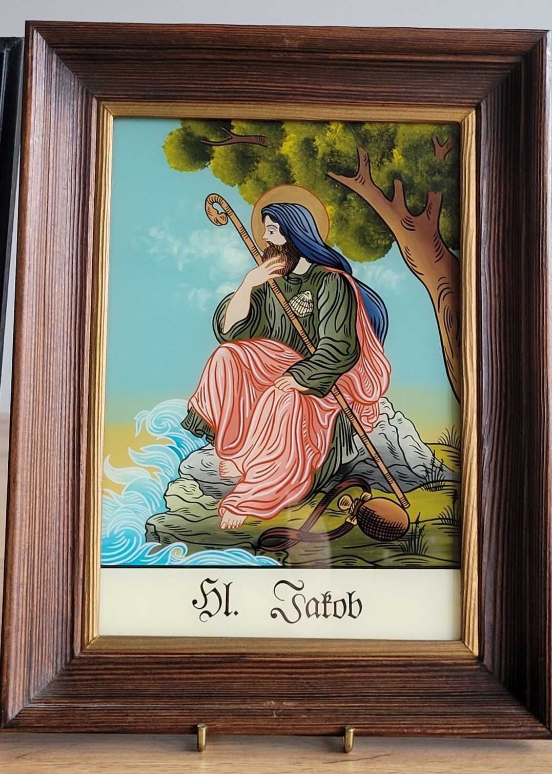 Ręcznie malowane obrazy na szkle św. Jakub i Hildegarda oprawione