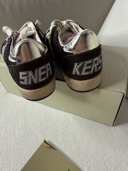 Жіночі кеди Golden Goose BALL STAR шоколадні, зірка з глітеру