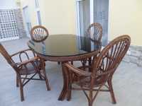 Móvel/mesa (mesa com vidro e bambu/4 cadeiras para exterior/interior)