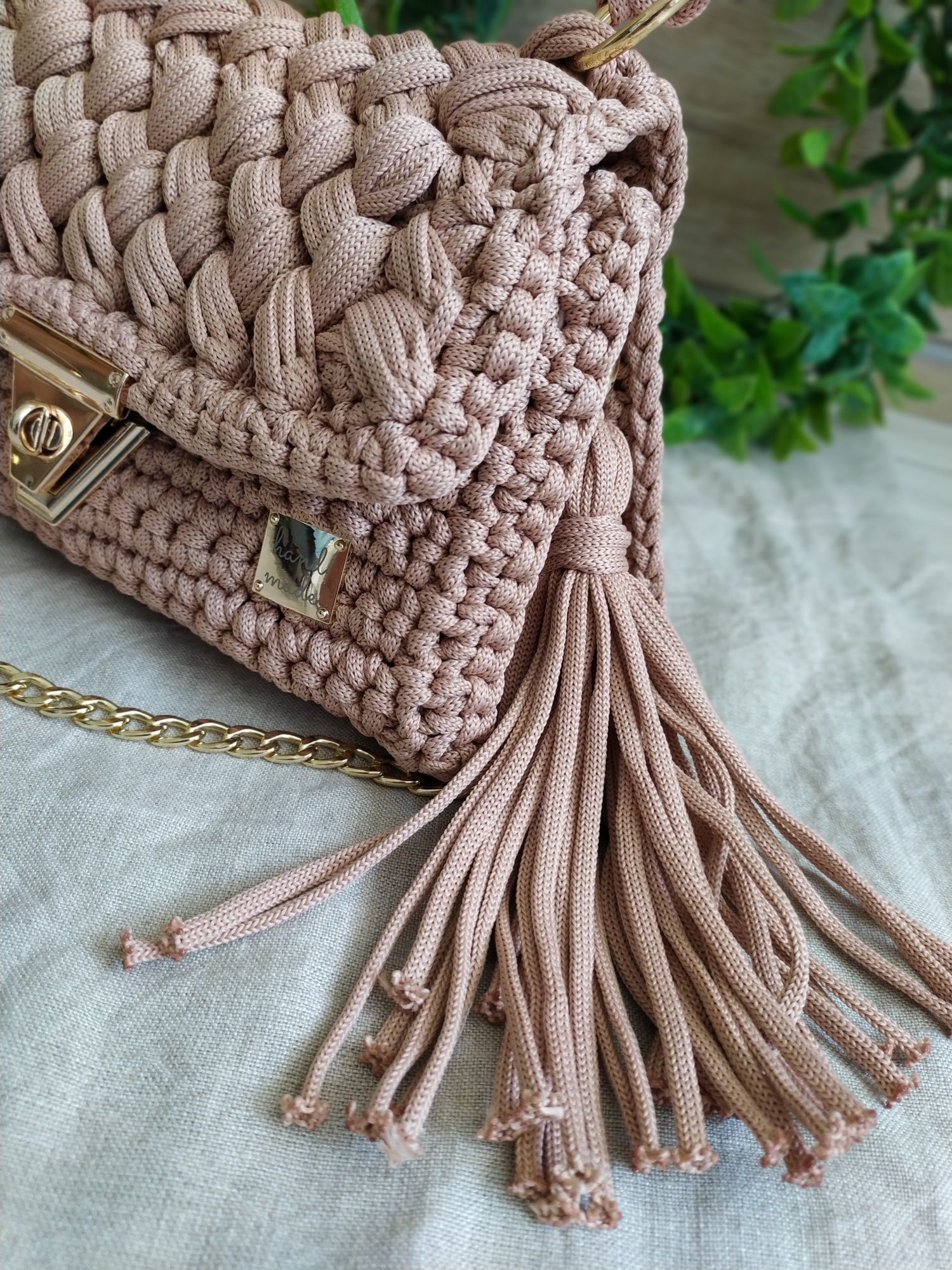 Torebka crochetbag beżowa złota rękodzieło ze sznurka szydełkowa