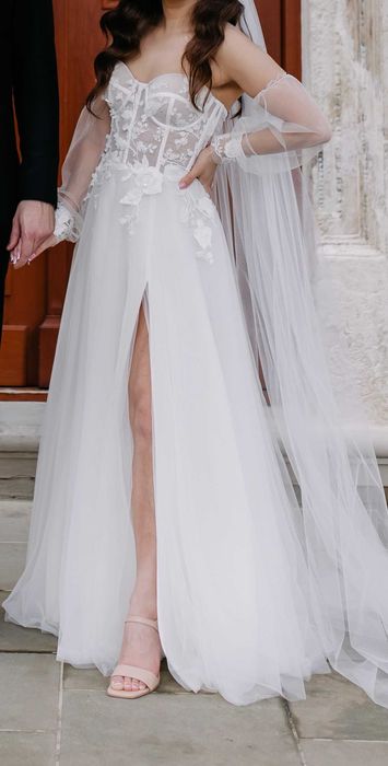 Suknia ślubna gorset, dwie wersje ramiączek + rękawki, welon gratis