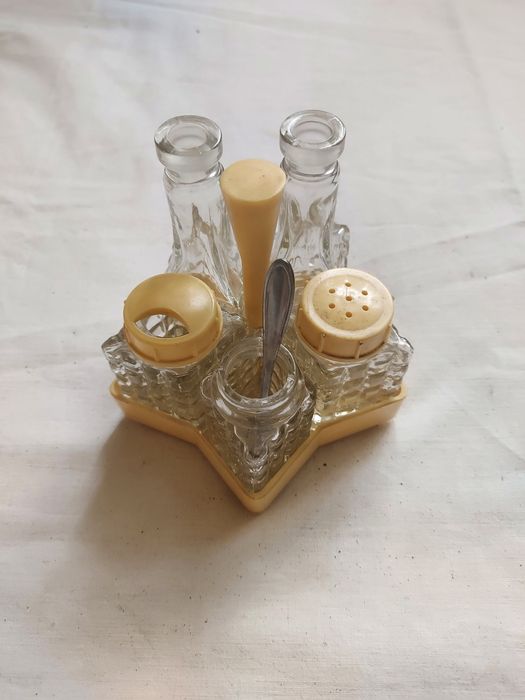 Radziecki zestaw przypraw, Solniczka, pieprzniczka, musztardnica, łyżk