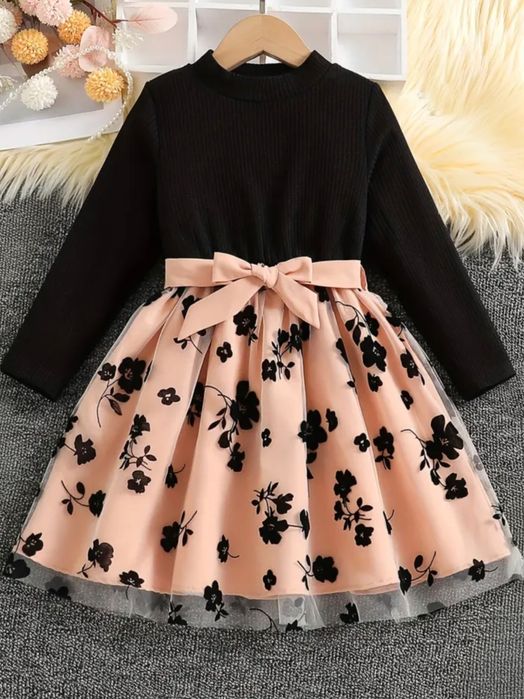 NOWA Piękna Sukienka 122 128 czarna beżowa kwiaty Wizytowa Elegancka