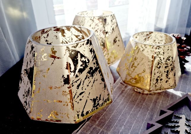 Zestaw 3x złoty lampion - złoty świecznik szklany