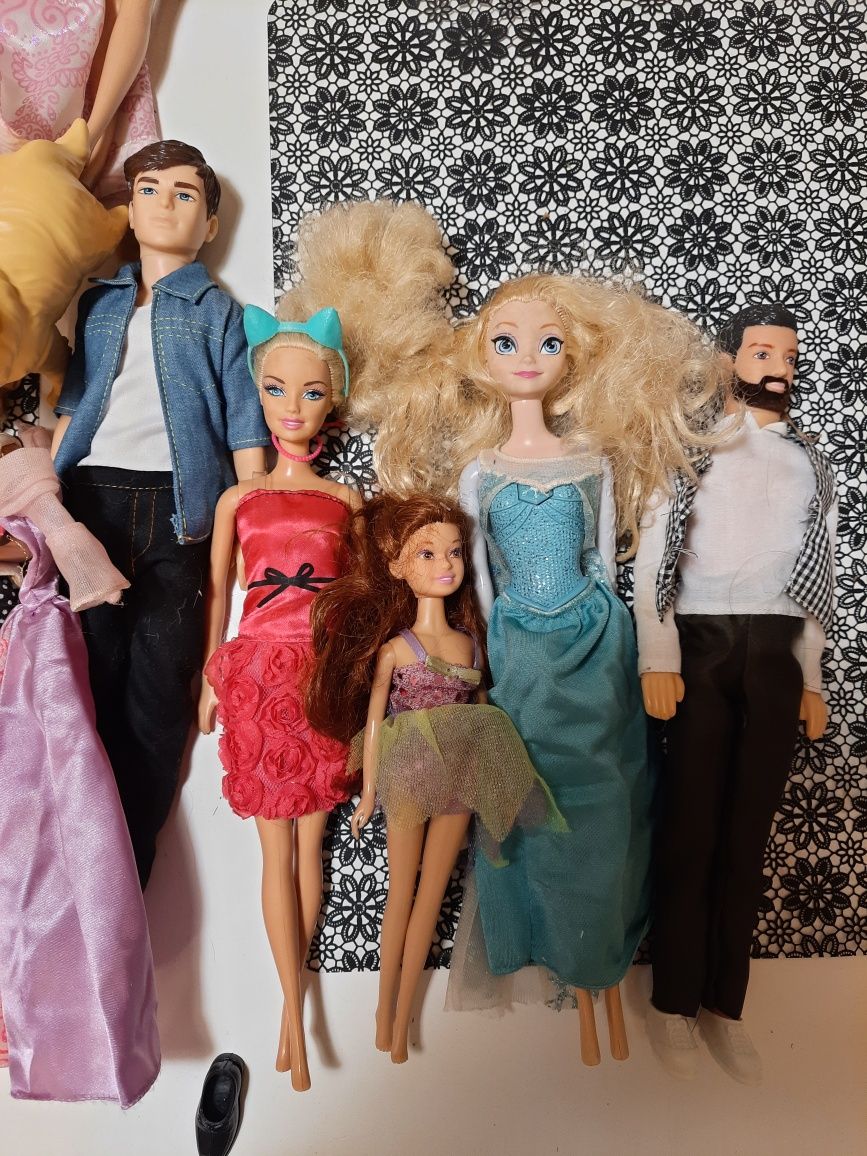 Zestaw lalki barbie,Elsa Anna , 3x Ken, pies oraz rower