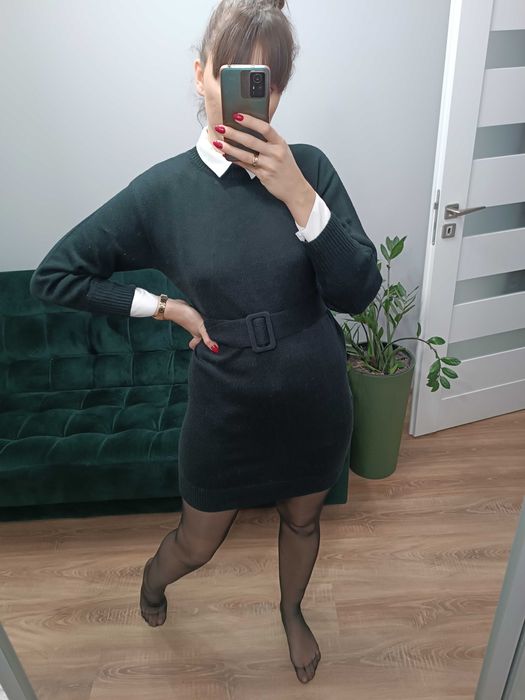 Sukienka dzianinowa sweterkowa półgolf pasek