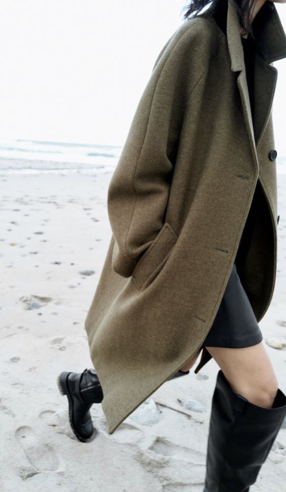 Nowy płaszcz ZARA wełna WEŁNIANY oversize M\L khaki klasyczny