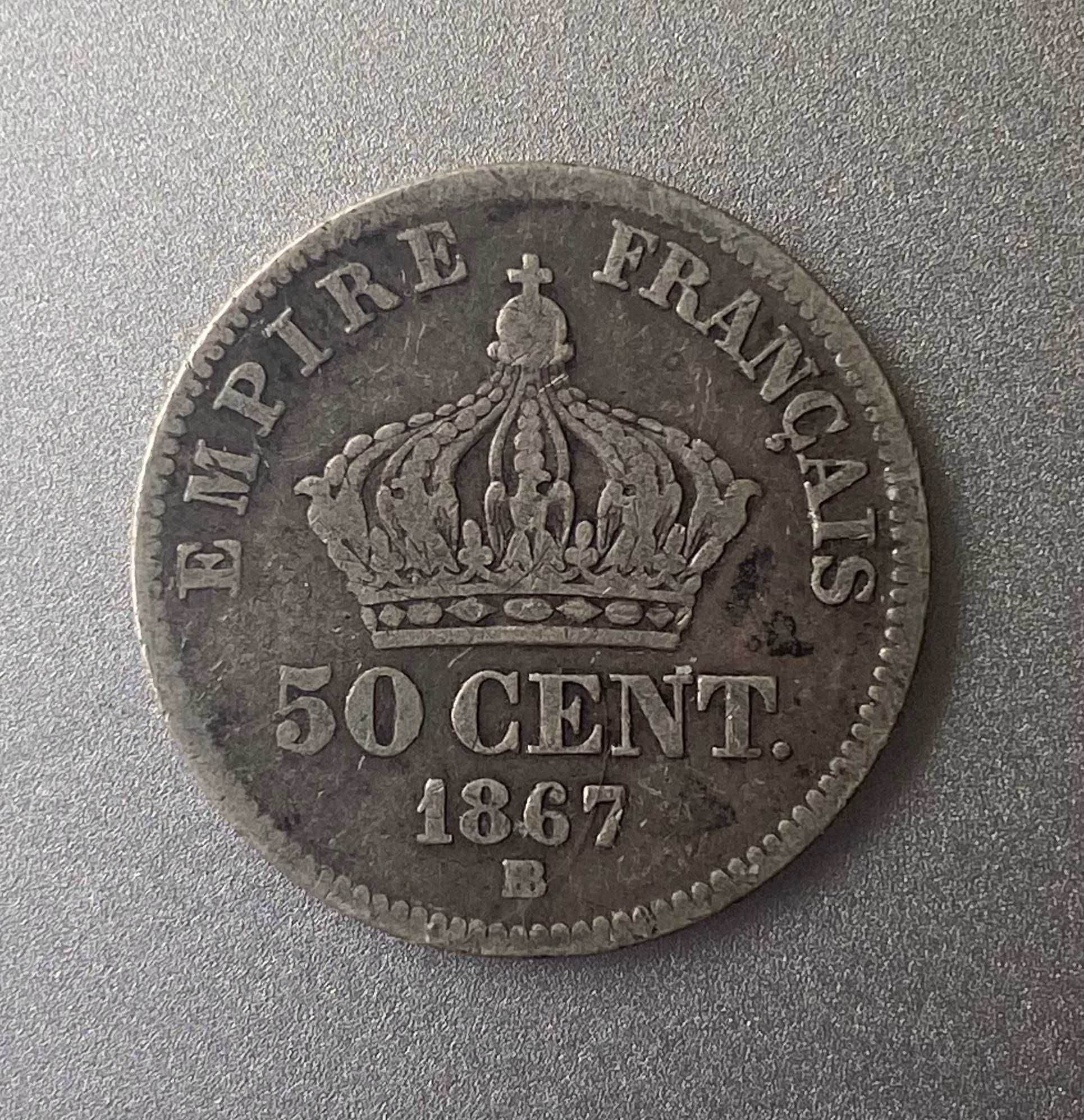 50 сантимов 1867 ВВ Наполеон III Франция Серебро