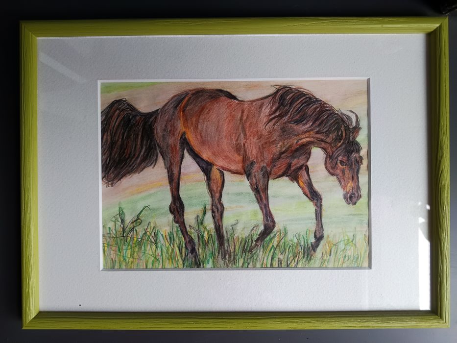 Obrazek koń gniady kredki akwarelowe w ramce 32x23cm