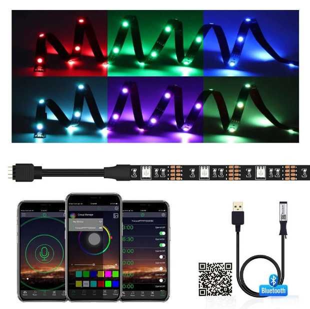 Розумна світлодіодна LED RGB стрічка 5 метрів Пульт Bluetooth Додаток