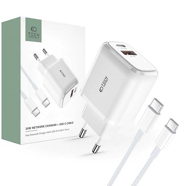 Tech-protect C20w 2-port Network Charger Pd20w/qc3.0 + Type-c Cable Wh