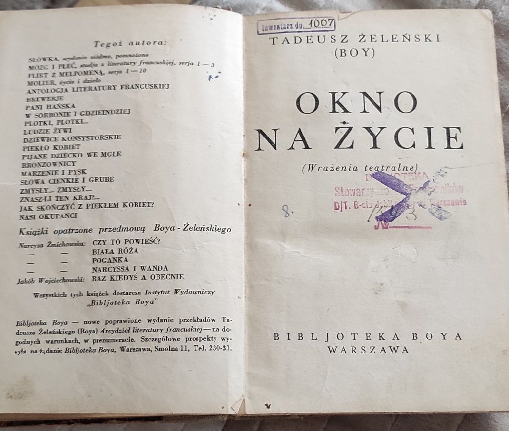 Okno na życie T. Boj-Żeleński wyd 1933 pieczątka Braci Jabłkowskich