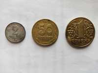 Монети України номіналом 2, 50 копійок та 1 гривня