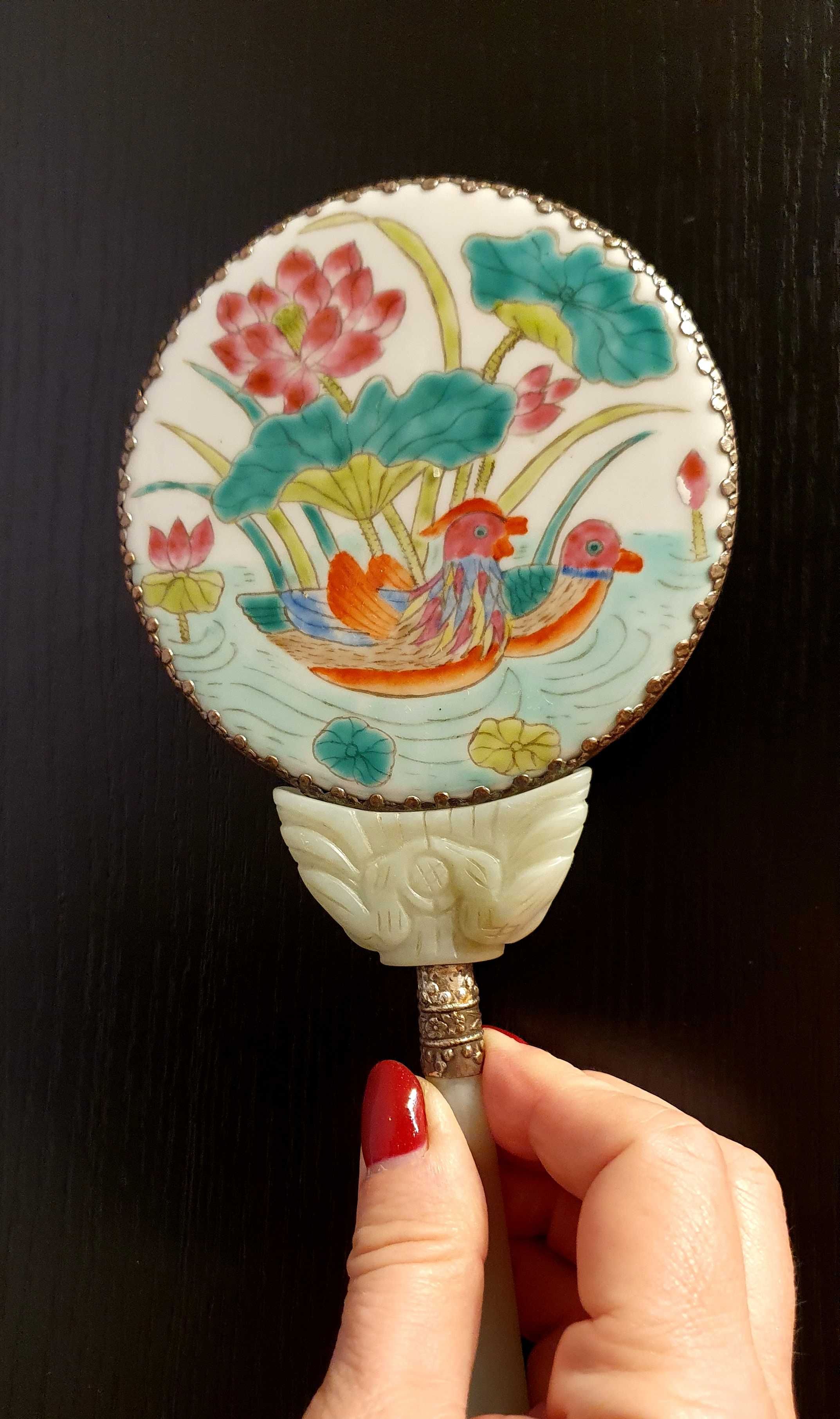 Oryginalne, stare chińskie lustro. Jadeit i porcelana. Hand made.