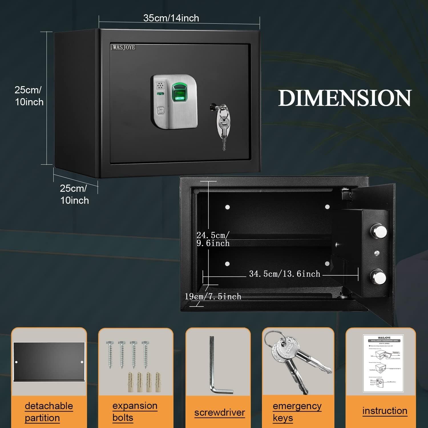 WASJOYE Biometryczny sejf z czytnikiem linii papilarnych, ognioodporny