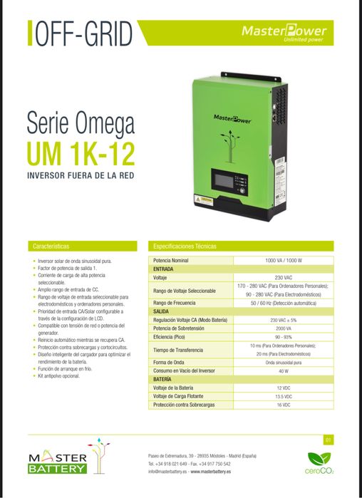 Гібридний інвертор 1 Кв MasterPower ( мастер павер ) Omega UM 1K-12