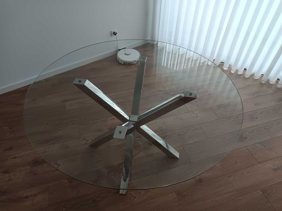 Mesa de jantar redonda em vidro e inox 6/8 lugares