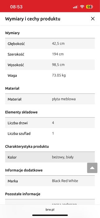 Komoda BRW biała, duża, idealny stan – 194 cm szer.