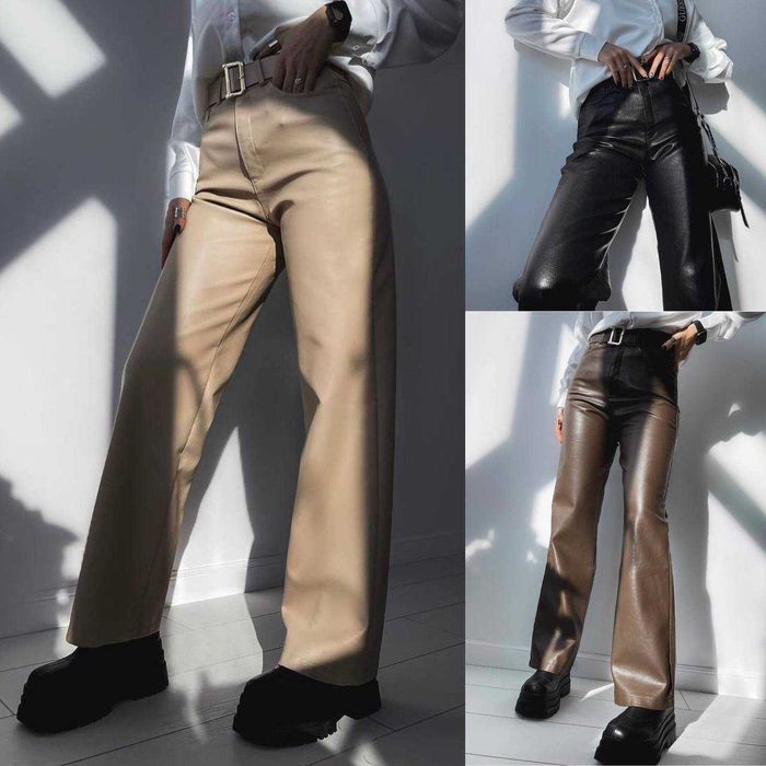 Жіночі теплі шкіряні штани кльош на флісі кожані брюки‼️ від 42 до 54