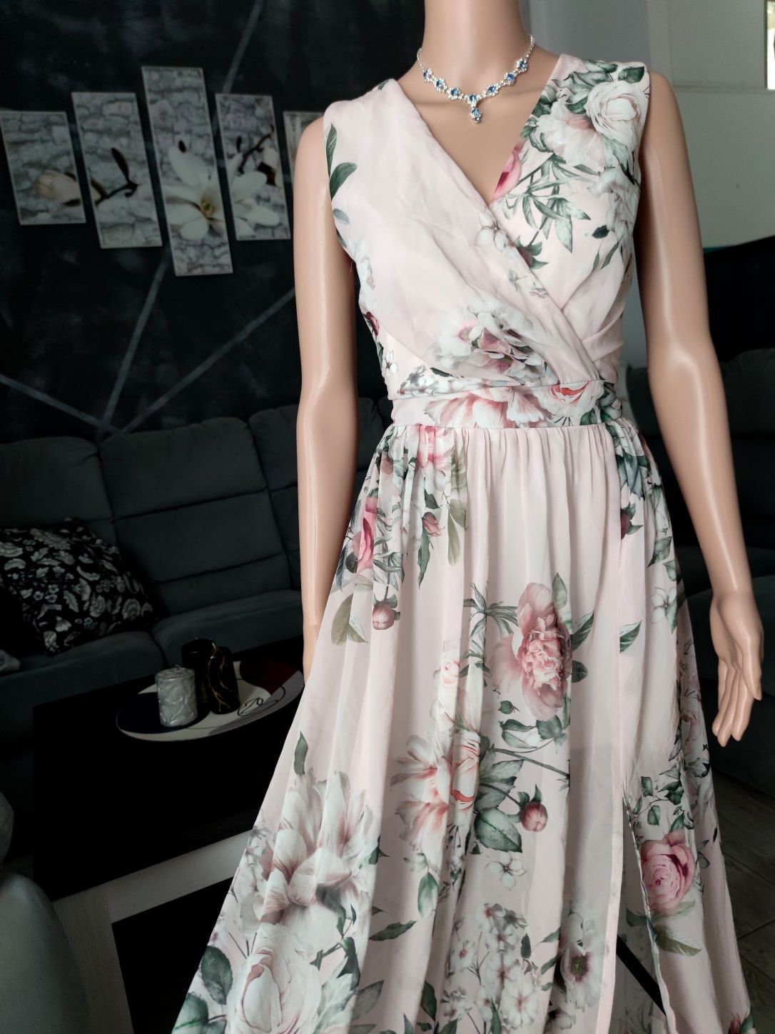 Długa maxi sukienka suknia wizytowa w kwiaty rozmiar xl 42 elegancka n