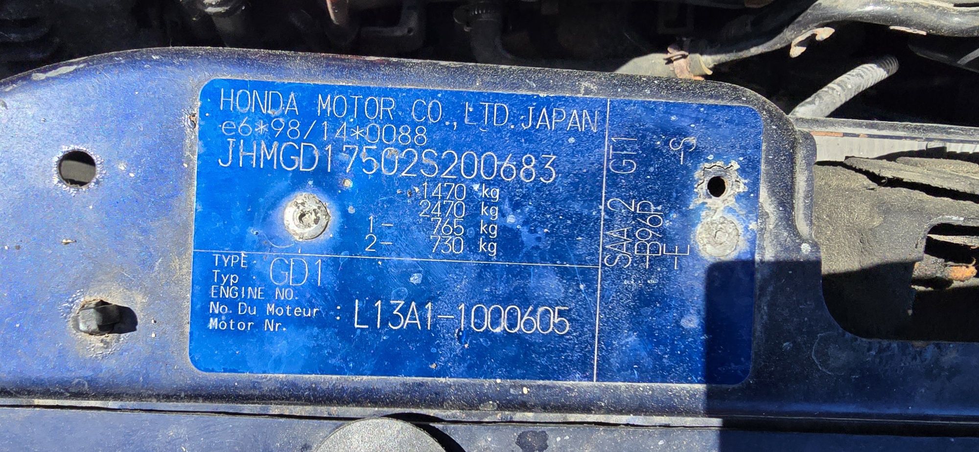 Drzwi maska skrzynia biegów  Honda Jazz 1,4. B96P