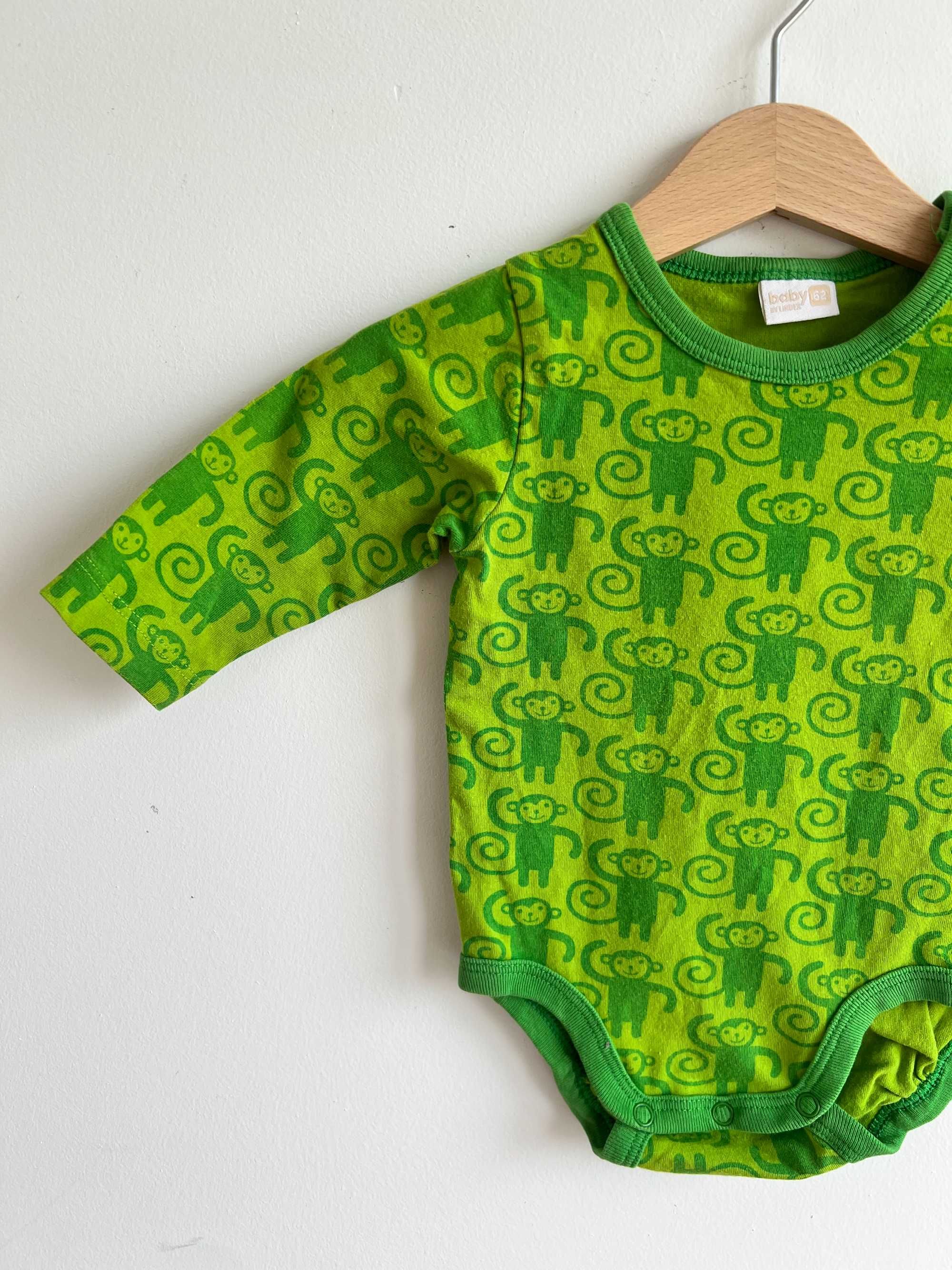 Lindex body niemowlęce zielone scandi we wzory małpki bawełna 62