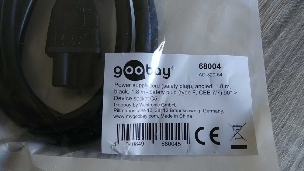 Cabo alimentação computador portátil 1.8m Goobay 68004 NOVO