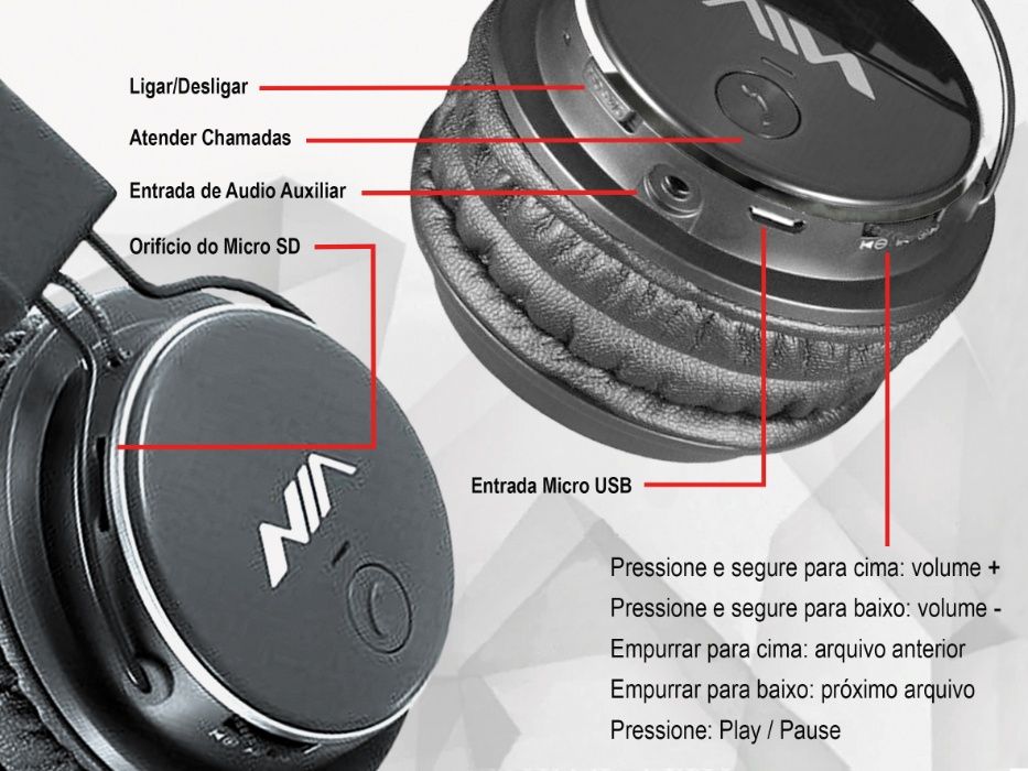 Headphone NIA Q8 Stereo Bluetooth, Música (cartão Micro SD), Rádio