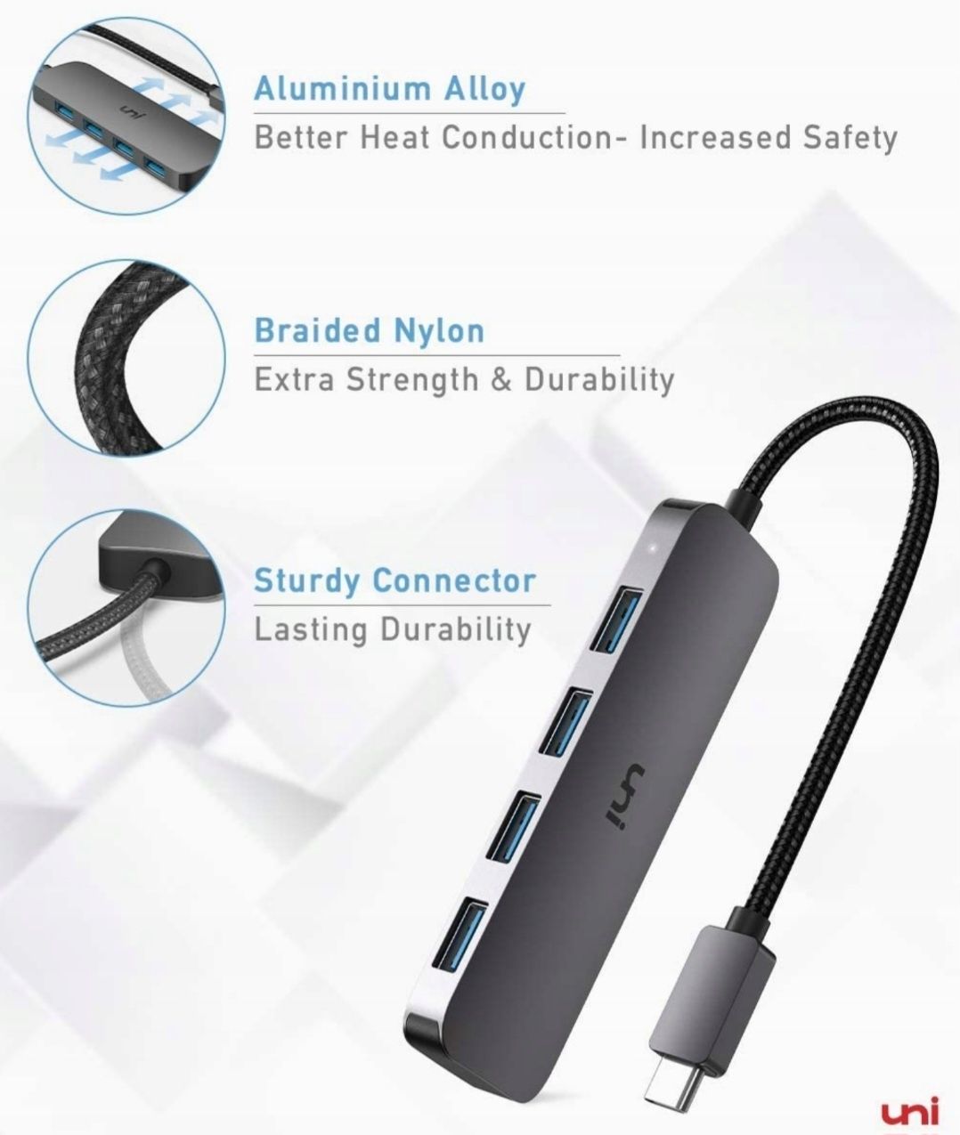 Uni USB C Hub 1 do 4 USB 3.0 Srebrny Aluminium