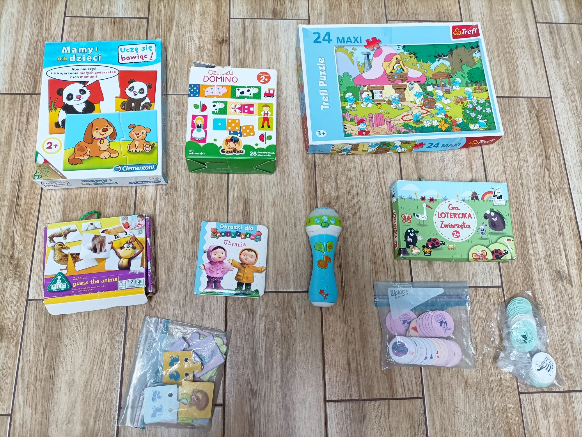 Zestaw zabawek dla dziecka od 2 lat, puzzle, układanki, mikrofon, gry.