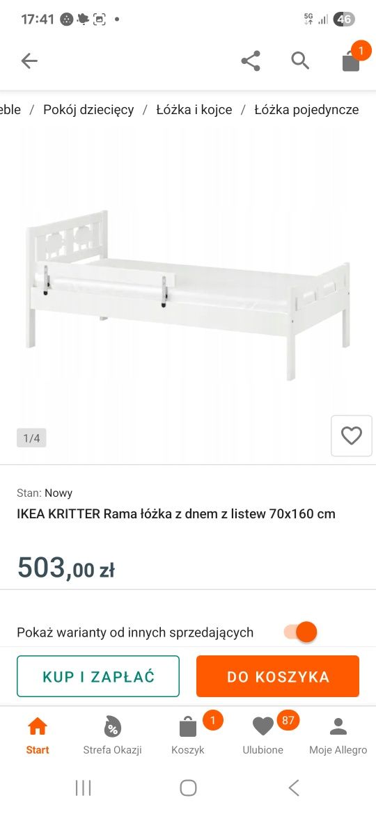 IKEA KRITTER Rama łóżka z dnem z listew 70x160 cm