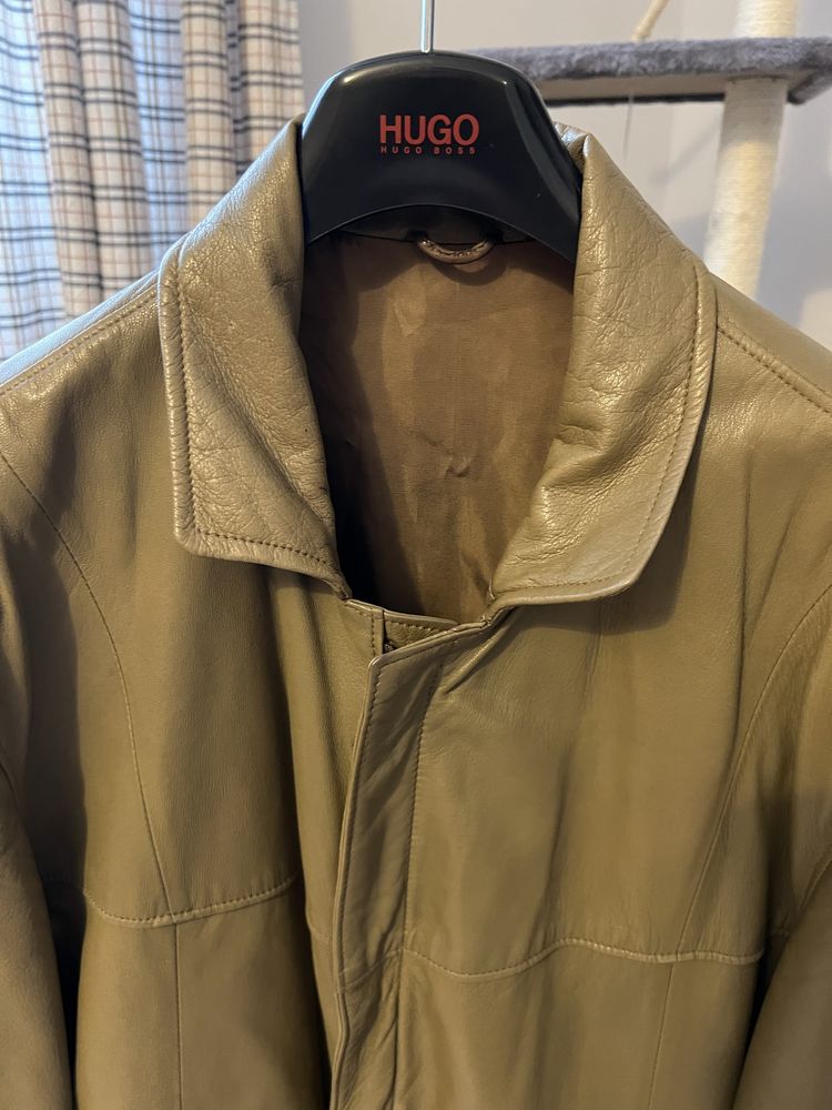 Męski brązowy / zielony szwedzki skórzany płaszcz vintage retro XL