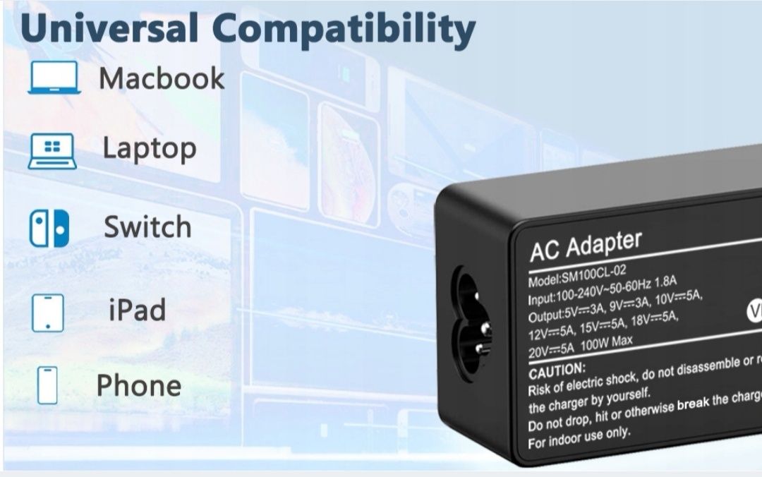 Zasilacz laptopa USB C 20 V 5 A 100 W Mc Book iPad Dell HP Asus inne