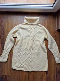 Beżowy długi golf damski sweter tunika merino wełna merynos