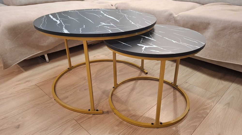 2 stoliki kawowe czarny marmur złote nóżki fi 70 50