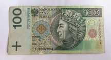 Banknot sto 100 złoty, seria zastępcza YJ niski numer, 1994 rok,