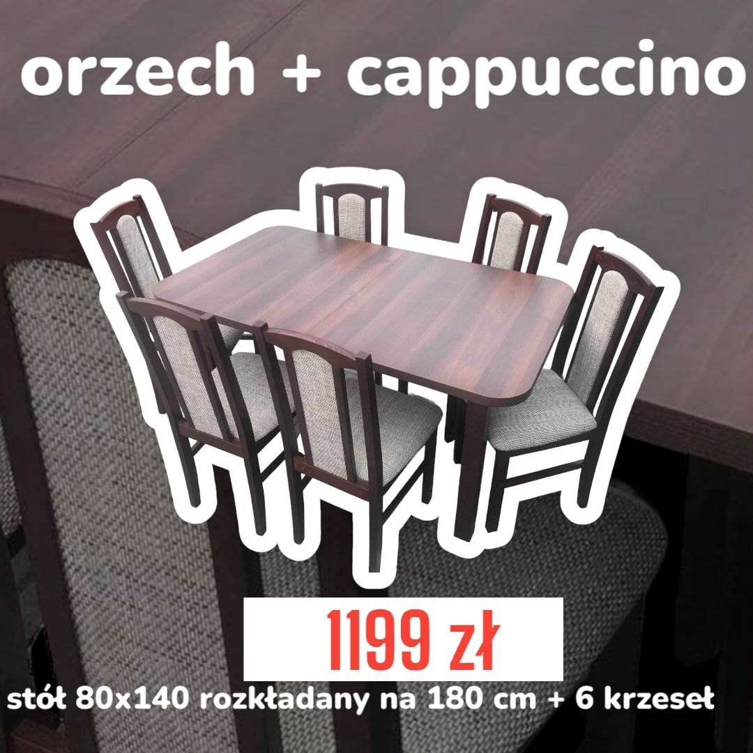 Nowe: Stół 80x140->180 + 6 krzeseł, orzech + cappuccino, dostawa PL